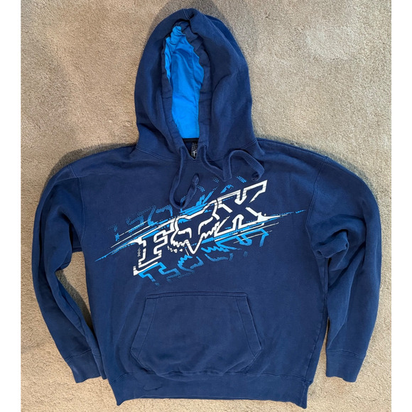 Vintage Fox Racing Hoodie Sweatshirt Size XL Black Blue Lined Hood - Picture 1 of 8